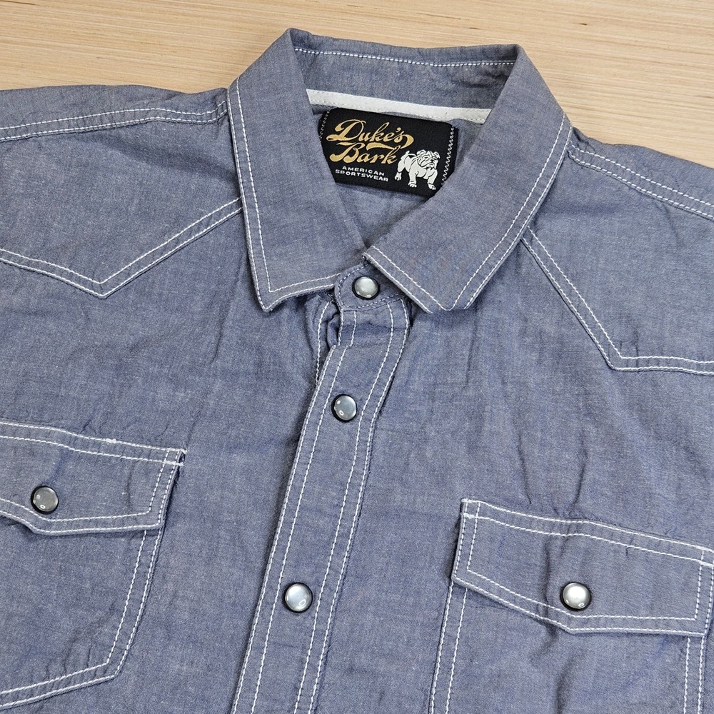 Duke's Bark Pearl Snap Shirt Mens XL Blue Short Sleeve Western Cowboy Workwear